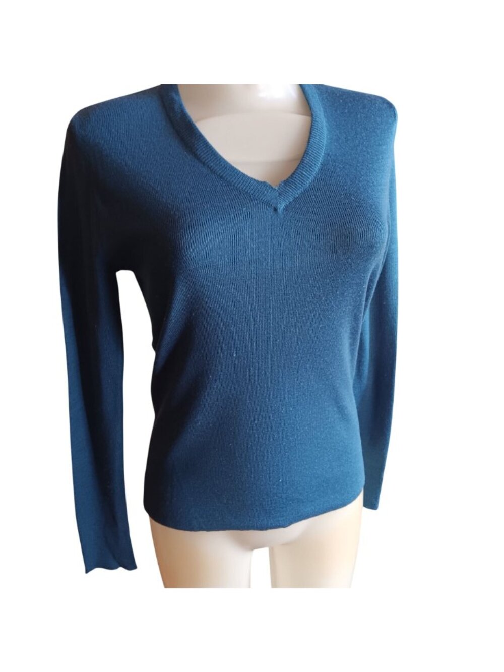 Medium True Vintage V-Neck Sweater Teal Long-Sleeve Knit Wool/Acrylic 1980's Mom